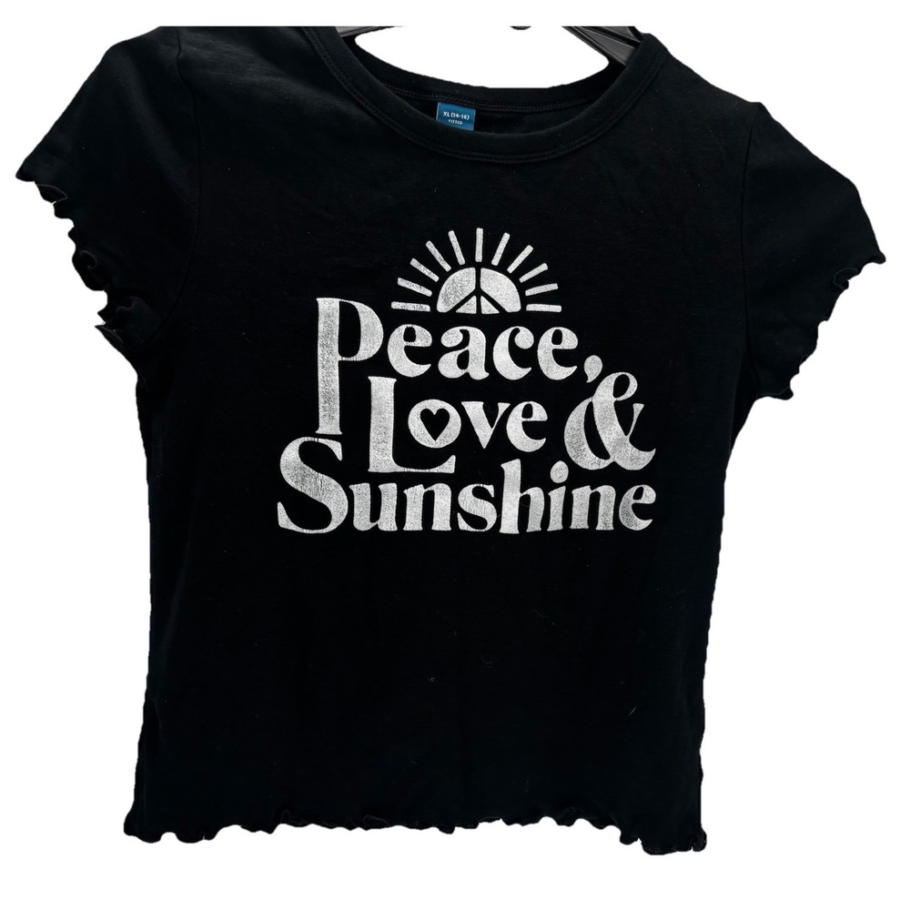 Old Navy Girls XL Black Fitted Cotton Graphic T-Shirt Peace Love Sunshine